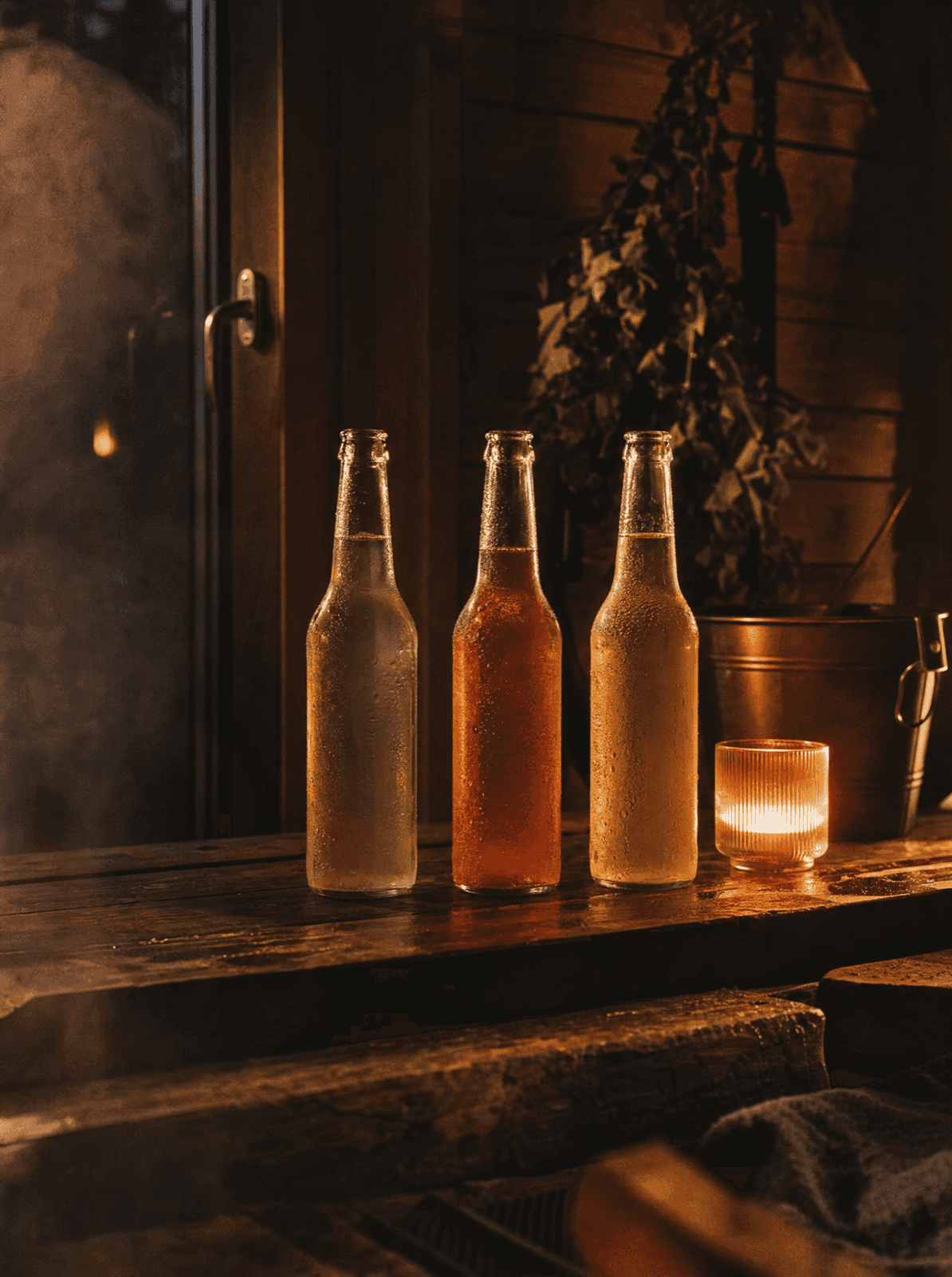 Alkoholittomia juomia saunan vilvoittelutilassa
